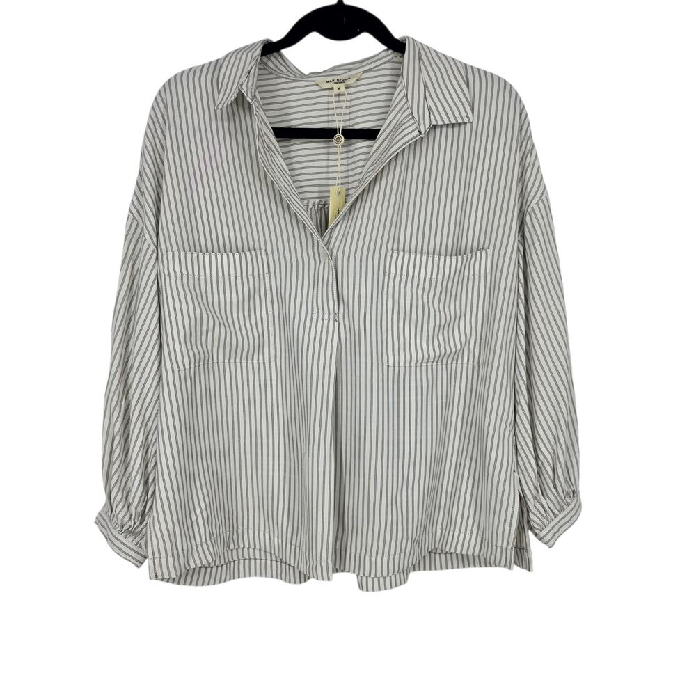 NWT Max Studio White & Brown Stripe Long Sleeve Relaxed Half Button Shirt Size M